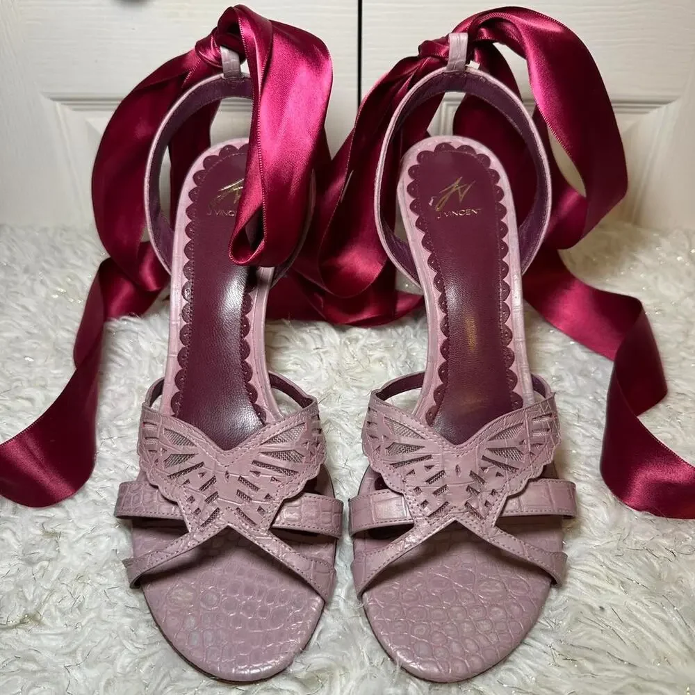 J Vincent Pink Ribbon Heels Butterfly Croc Embossed Y2K Coquette Shoes
